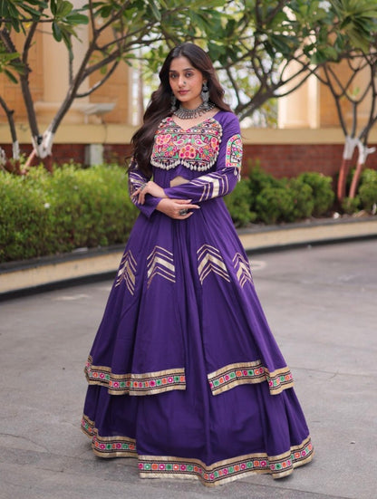 Purple Pure Kora Cotton Multi Thread Gotta Patti Mirror Work Navratri Lehenga Choli