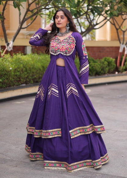 Purple Pure Kora Cotton Multi Thread Gotta Patti Mirror Work Navratri Lehenga Choli