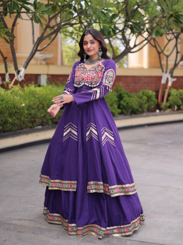 Purple Pure Kora Cotton Multi Thread Gotta Patti Mirror Work Navratri Lehenga Choli