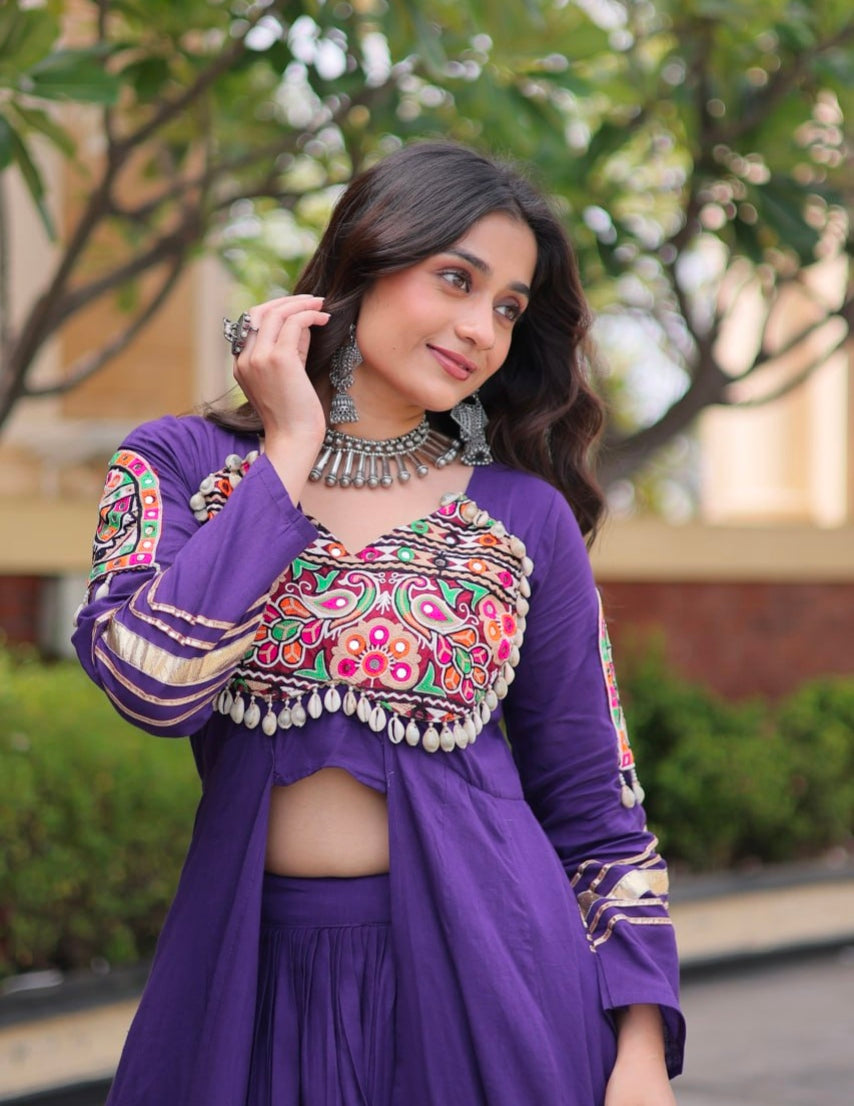 Purple Pure Kora Cotton Multi Thread Gotta Patti Mirror Work Navratri Lehenga Choli