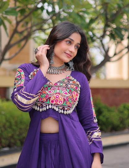 Purple Pure Kora Cotton Multi Thread Gotta Patti Mirror Work Navratri Lehenga Choli