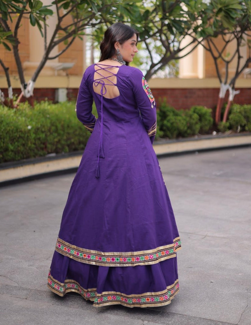 Purple Pure Kora Cotton Multi Thread Gotta Patti Mirror Work Navratri Lehenga Choli