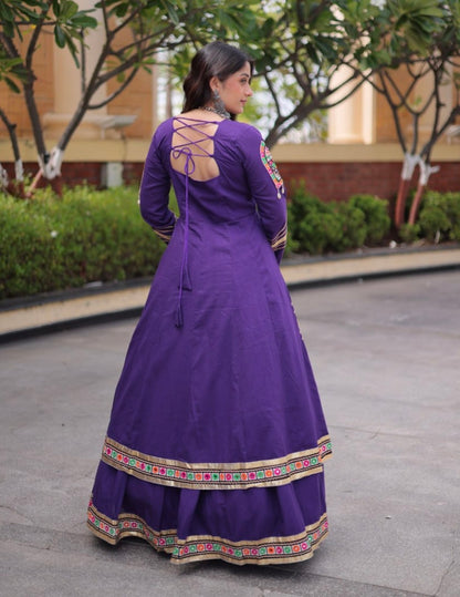 Purple Pure Kora Cotton Multi Thread Gotta Patti Mirror Work Navratri Lehenga Choli