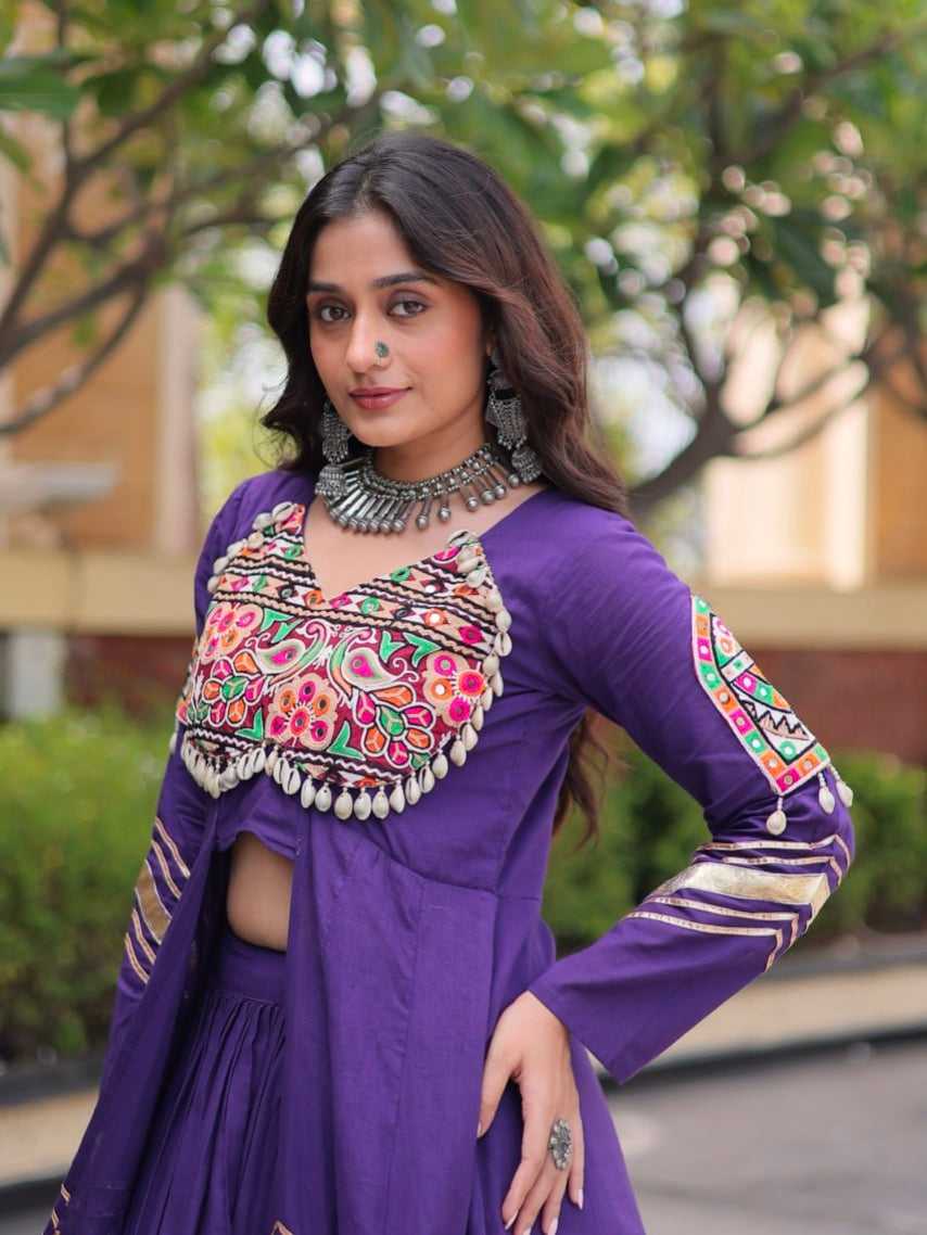 Purple Pure Kora Cotton Multi Thread Gotta Patti Mirror Work Navratri Lehenga Choli