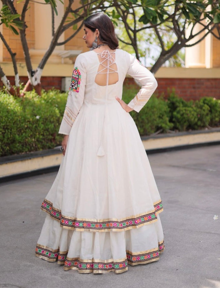 White Pure Kora Cotton Multi Thread Gotta Patti Mirror Work Navratri Lehenga Choli