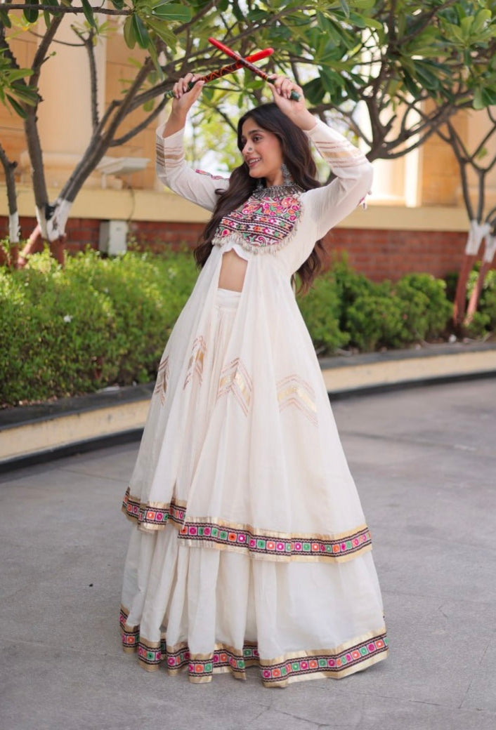White Pure Kora Cotton Multi Thread Gotta Patti Mirror Work Navratri Lehenga Choli