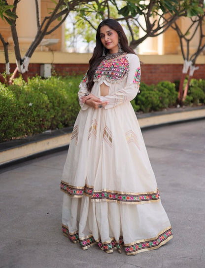 White Pure Kora Cotton Multi Thread Gotta Patti Mirror Work Navratri Lehenga Choli