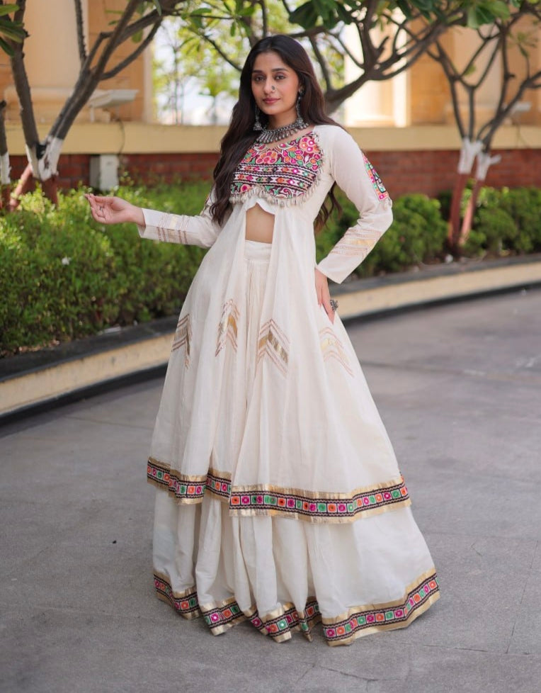 White Pure Kora Cotton Multi Thread Gotta Patti Mirror Work Navratri Lehenga Choli