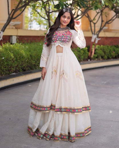 White Pure Kora Cotton Multi Thread Gotta Patti Mirror Work Navratri Lehenga Choli