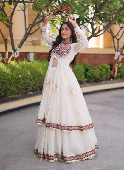 White Pure Kora Cotton Multi Thread Gotta Patti Mirror Work Navratri Lehenga Choli