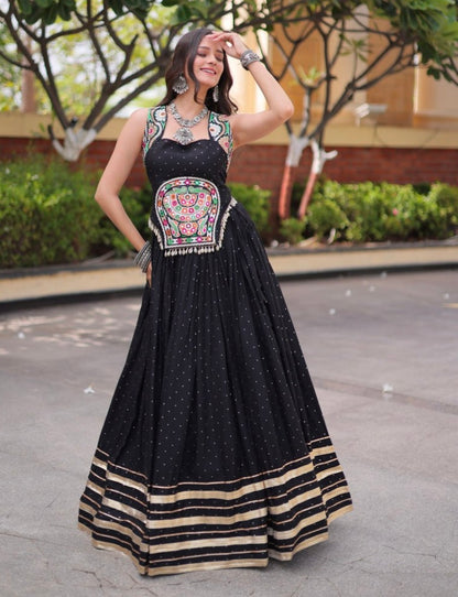 Black Pure Kora Cotton Multi Thread Gotta Patti Mirror Work Navratri Lehenga Choli