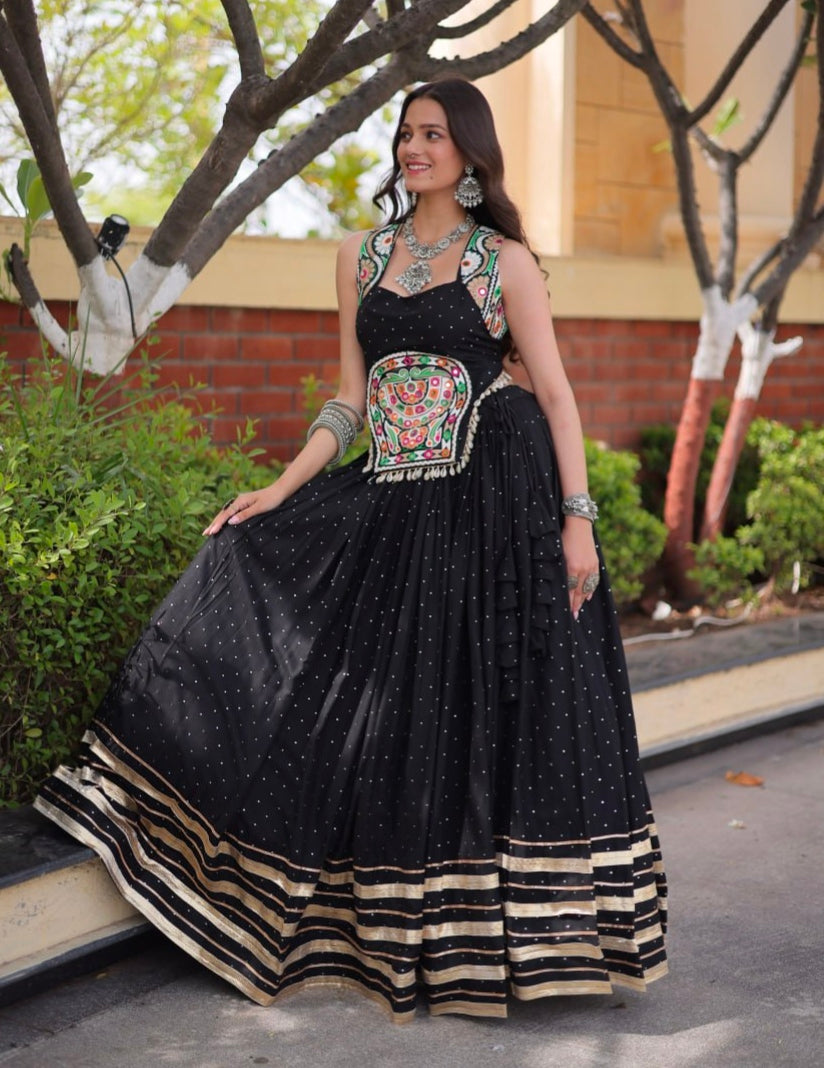 Black Pure Kora Cotton Multi Thread Gotta Patti Mirror Work Navratri Lehenga Choli