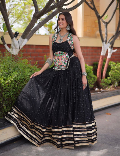 Black Pure Kora Cotton Multi Thread Gotta Patti Mirror Work Navratri Lehenga Choli