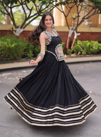 Black Pure Kora Cotton Multi Thread Gotta Patti Mirror Work Navratri Lehenga Choli