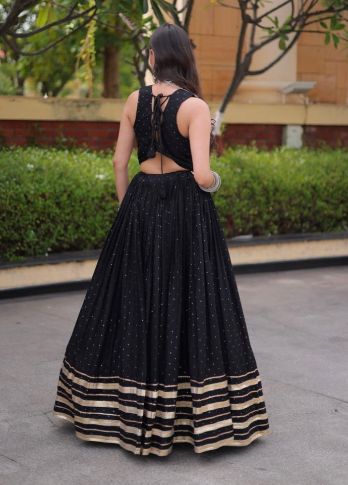 Black Pure Kora Cotton Multi Thread Gotta Patti Mirror Work Navratri Lehenga Choli
