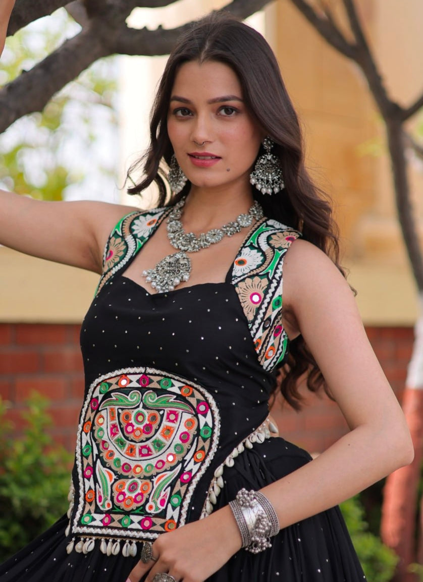 Black Pure Kora Cotton Multi Thread Gotta Patti Mirror Work Navratri Lehenga Choli
