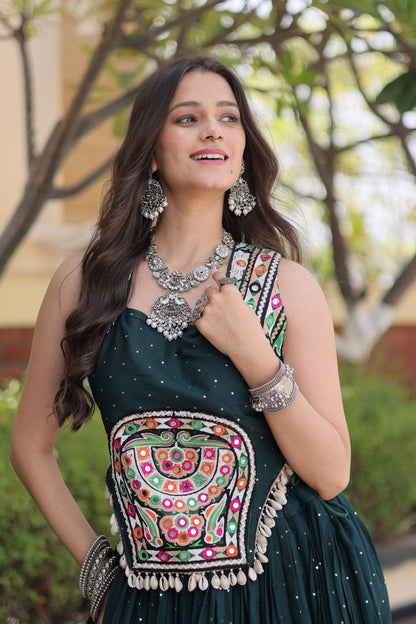 Green Pure Kora Cotton Multi Thread Gotta Patti Mirror Work Navratri Lehenga Choli