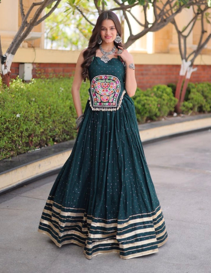 Green Pure Kora Cotton Multi Thread Gotta Patti Mirror Work Navratri Lehenga Choli