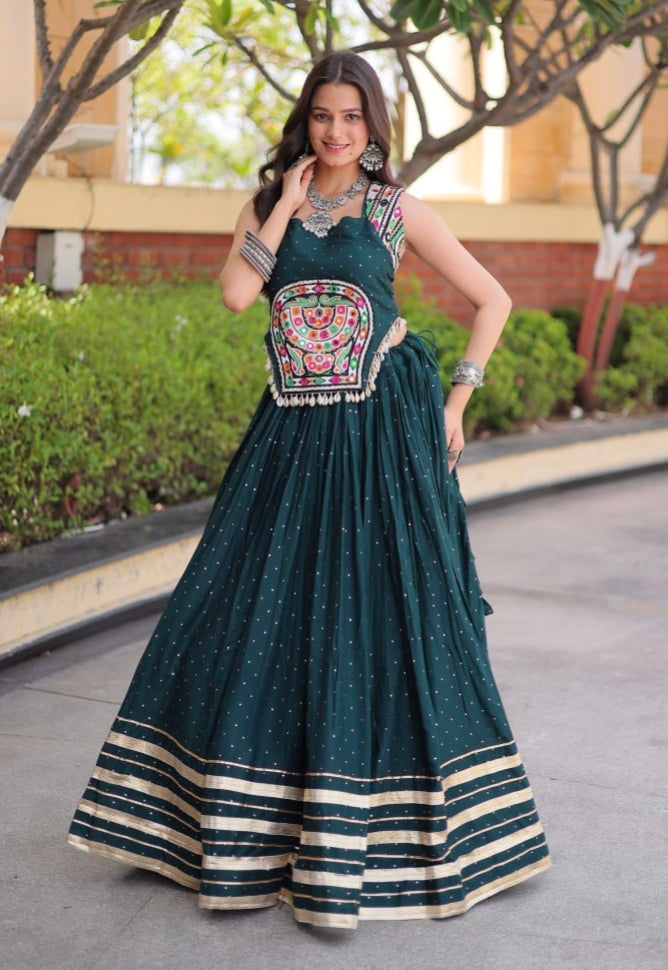 Green Pure Kora Cotton Multi Thread Gotta Patti Mirror Work Navratri Lehenga Choli