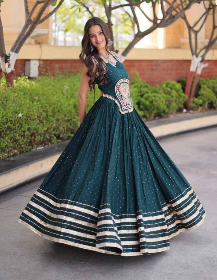 Green Pure Kora Cotton Multi Thread Gotta Patti Mirror Work Navratri Lehenga Choli