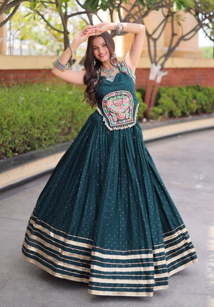 Green Pure Kora Cotton Multi Thread Gotta Patti Mirror Work Navratri Lehenga Choli