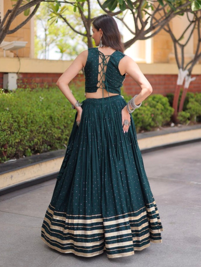 Green Pure Kora Cotton Multi Thread Gotta Patti Mirror Work Navratri Lehenga Choli
