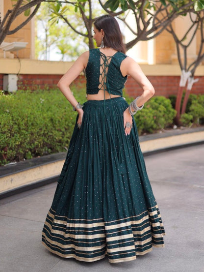 Green Pure Kora Cotton Multi Thread Gotta Patti Mirror Work Navratri Lehenga Choli