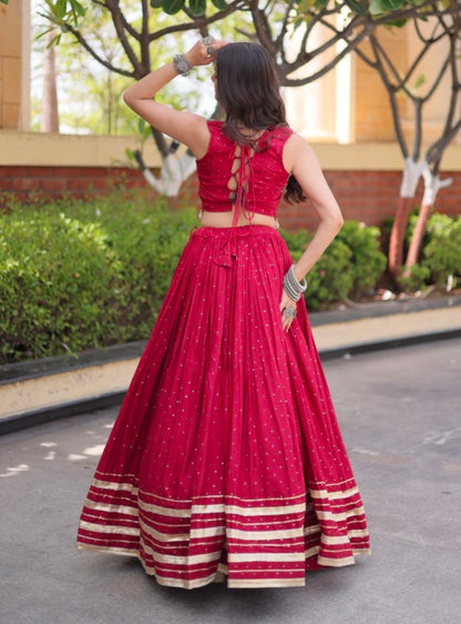 Red Pure Kora Cotton Multi Thread Gotta Patti Mirror Work Navratri Lehenga Choli