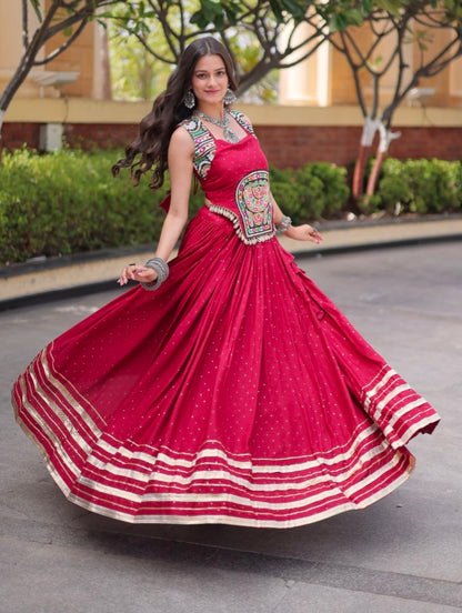 Red Pure Kora Cotton Multi Thread Gotta Patti Mirror Work Navratri Lehenga Choli