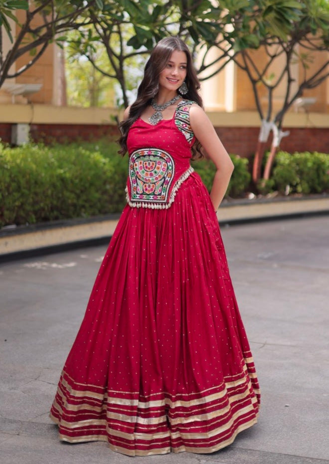 Red Pure Kora Cotton Multi Thread Gotta Patti Mirror Work Navratri Lehenga Choli
