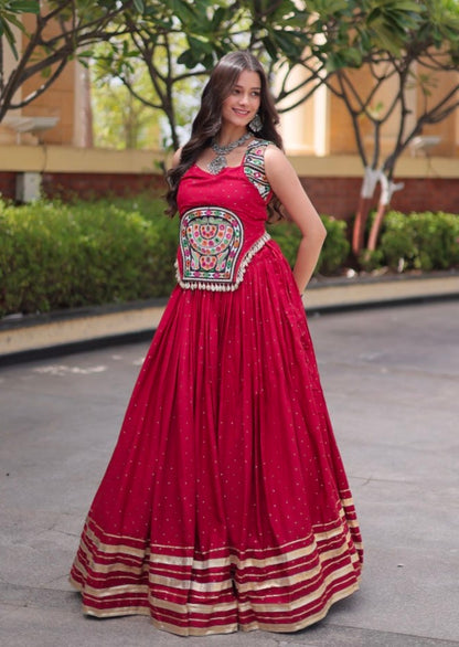 Red Pure Kora Cotton Multi Thread Gotta Patti Mirror Work Navratri Lehenga Choli