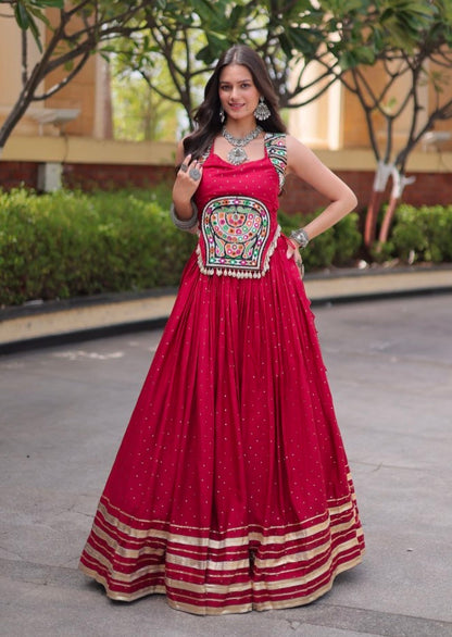 Red Pure Kora Cotton Multi Thread Gotta Patti Mirror Work Navratri Lehenga Choli