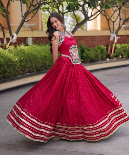 Red Pure Kora Cotton Multi Thread Gotta Patti Mirror Work Navratri Lehenga Choli