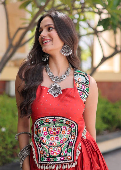 Rust Pure Kora Cotton Multi Thread Gotta Patti Mirror Work Navratri Lehenga Choli