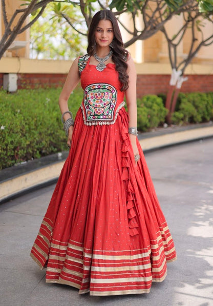 Rust Pure Kora Cotton Multi Thread Gotta Patti Mirror Work Navratri Lehenga Choli