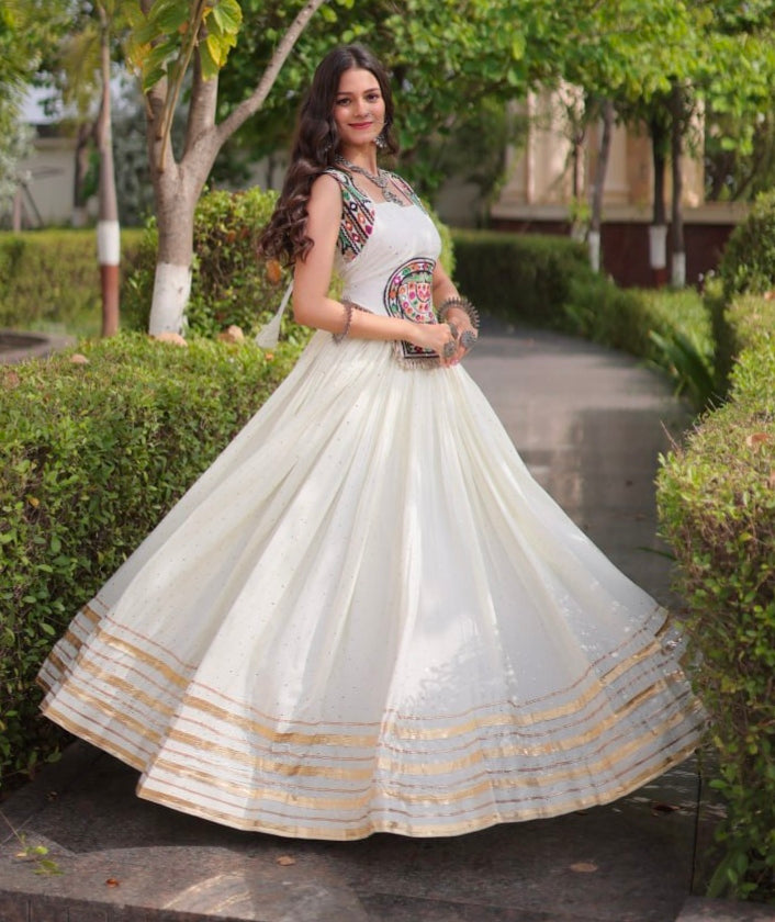 White Pure Kora Cotton Multi Thread Gotta Patti Mirror Work Navratri Lehenga Choli