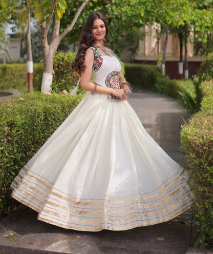 White Pure Kora Cotton Multi Thread Gotta Patti Mirror Work Navratri Lehenga Choli