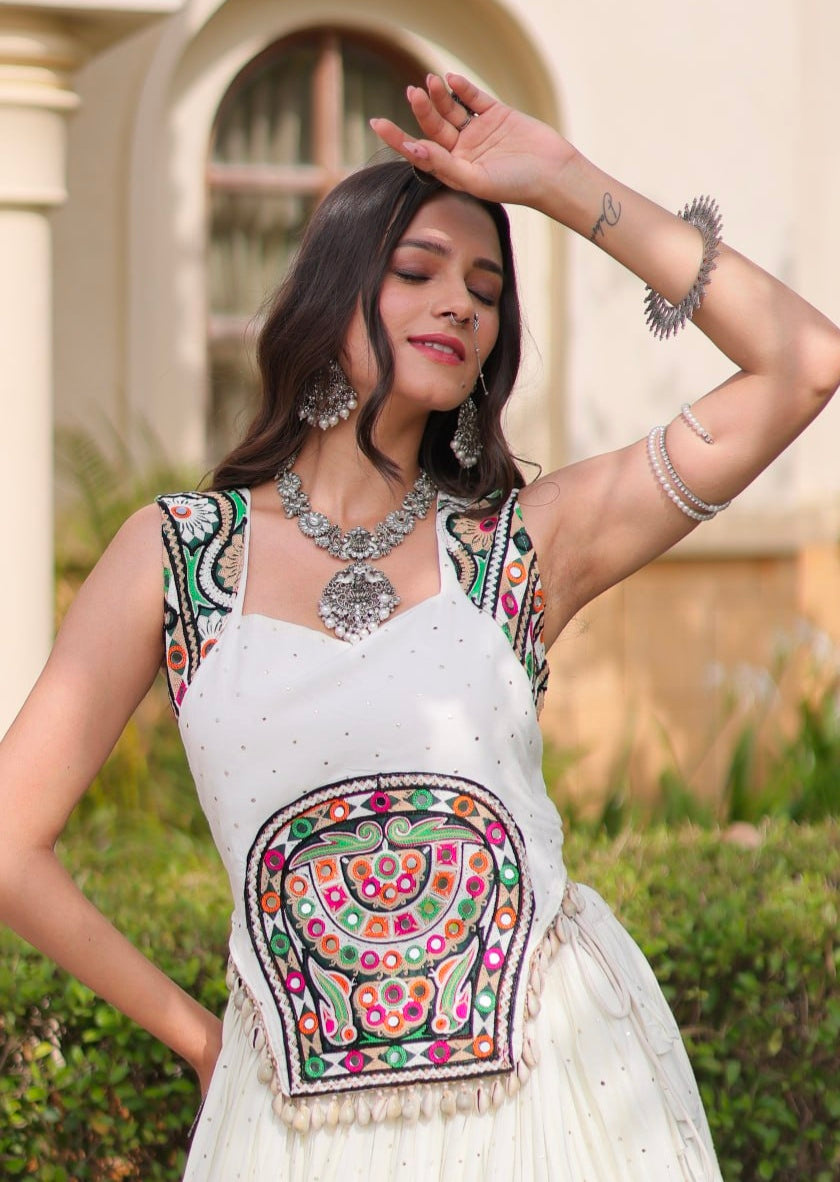 White Pure Kora Cotton Multi Thread Gotta Patti Mirror Work Navratri Lehenga Choli