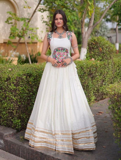 White Pure Kora Cotton Multi Thread Gotta Patti Mirror Work Navratri Lehenga Choli