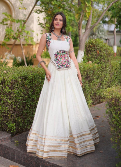 White Pure Kora Cotton Multi Thread Gotta Patti Mirror Work Navratri Lehenga Choli
