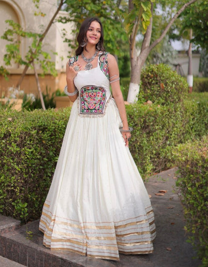White Pure Kora Cotton Multi Thread Gotta Patti Mirror Work Navratri Lehenga Choli