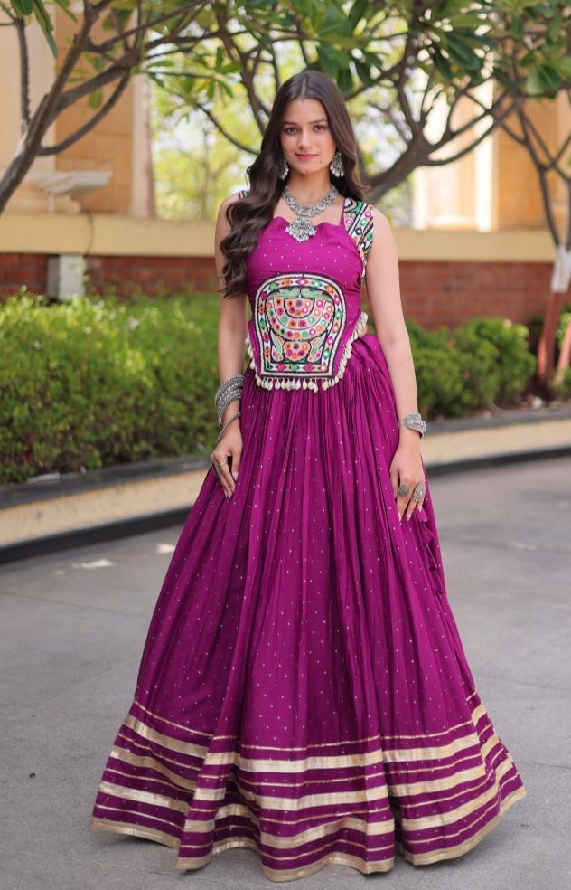 White Pure Kora Cotton Multi Thread Gotta Patti Mirror Work Navratri Lehenga Choli (Copy)