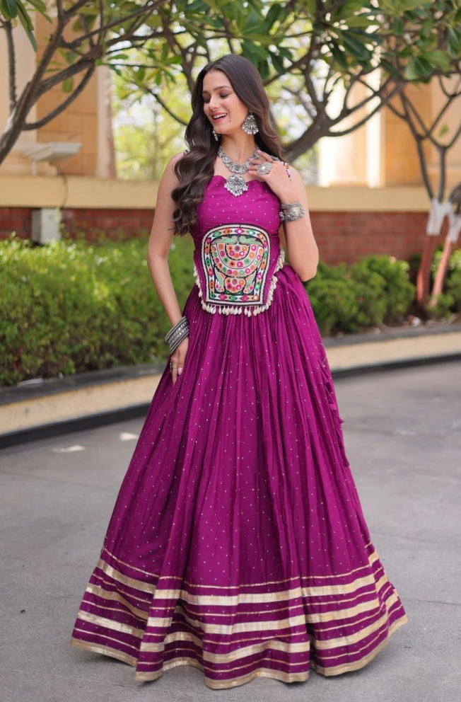 White Pure Kora Cotton Multi Thread Gotta Patti Mirror Work Navratri Lehenga Choli (Copy)