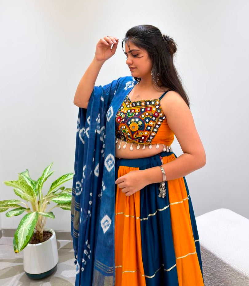 Multi Pure Reyon Cotton Multi Thread Real Mirror Work Navratri Lehenga Choli