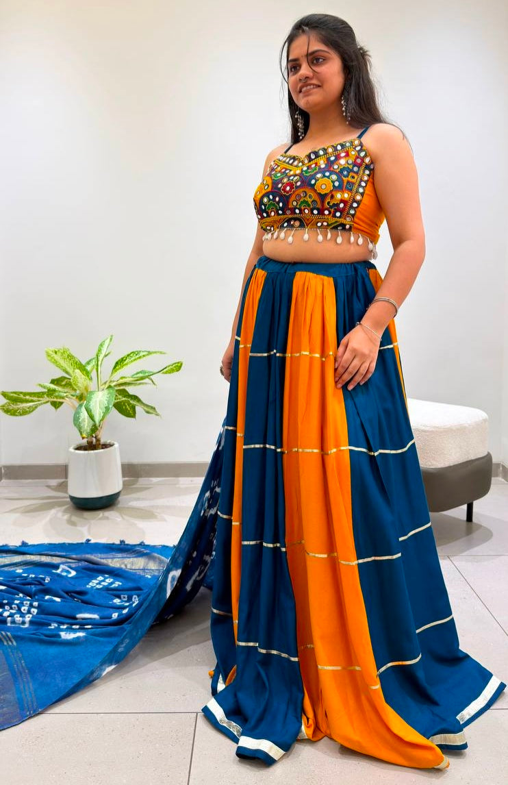 Multi Pure Reyon Cotton Multi Thread Real Mirror Work Navratri Lehenga Choli