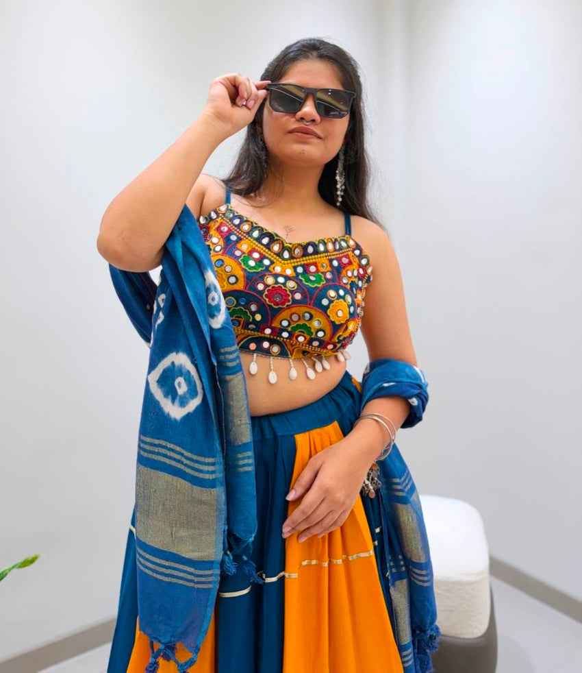 Multi Pure Reyon Cotton Multi Thread Real Mirror Work Navratri Lehenga Choli
