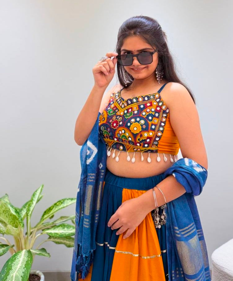 Multi Pure Reyon Cotton Multi Thread Real Mirror Work Navratri Lehenga Choli