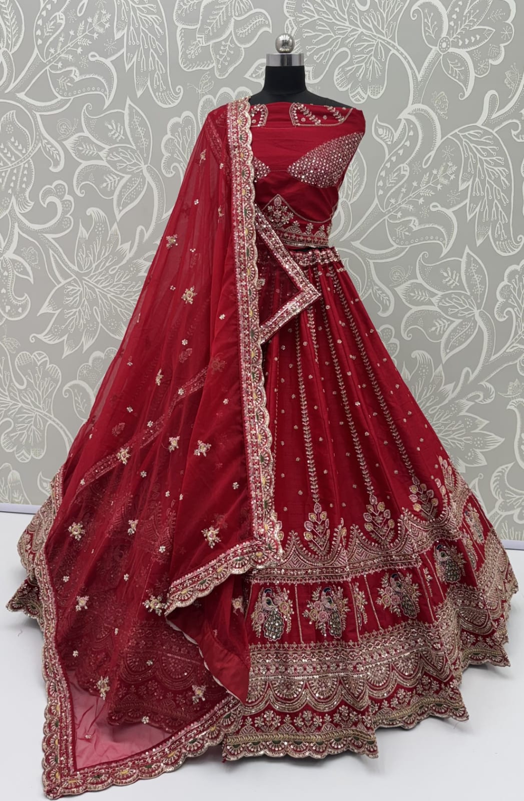 Red Pure Soft Pink Moti Handwork Peacock Multi Cotton thread Sequins Work Bridal Lehenga Choli