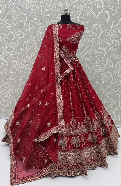 Red Pure Soft Pink Moti Handwork Peacock Multi Cotton thread Sequins Work Bridal Lehenga Choli