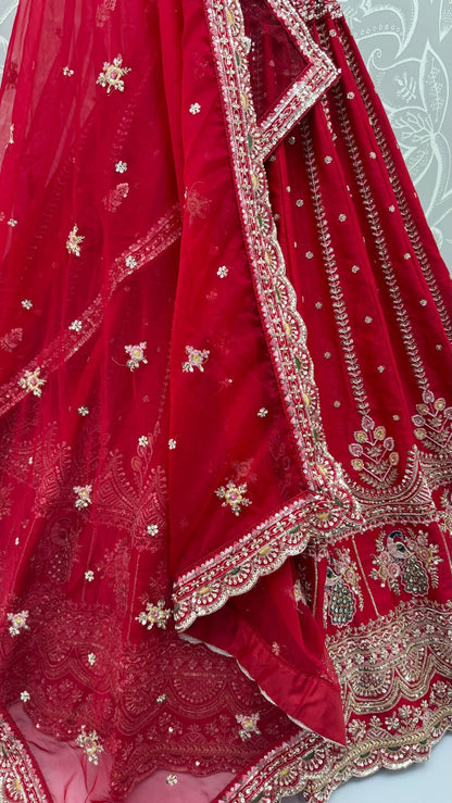 Red Pure Soft Pink Moti Handwork Peacock Multi Cotton thread Sequins Work Bridal Lehenga Choli